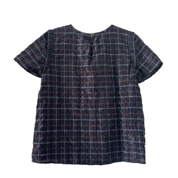 LOFT Metallic Navy Plaid Ruffle Short Sleeve Top, L - Picture 10 of 12